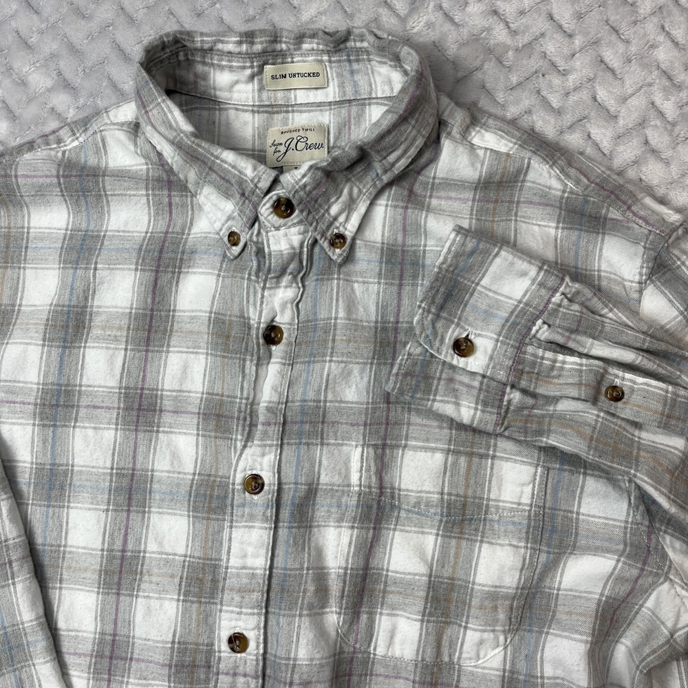 J. Crew Brushed‎ Twill Button Down Shirt Mens L Gray Plaid Classic Fit Cotton